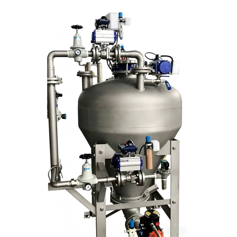 Positive pressure blow tank for battery materials
